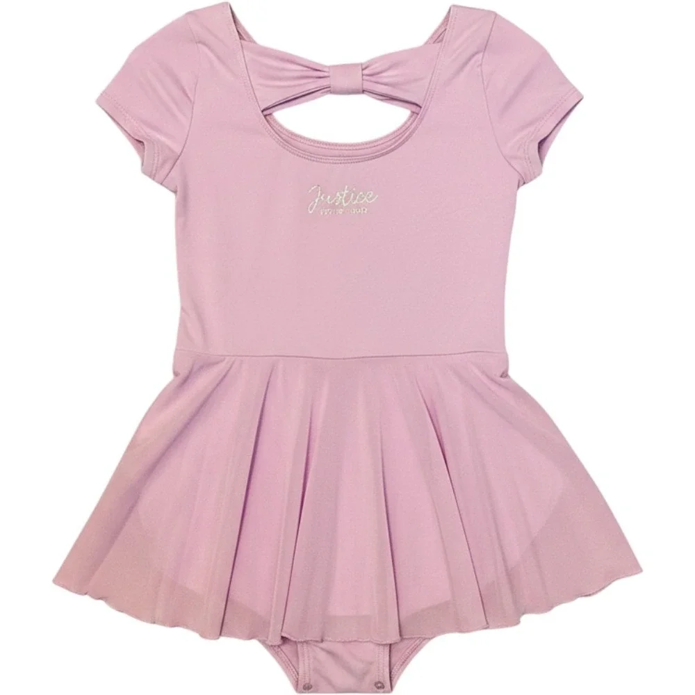 Justice Girls Purple Cap Sleeve Leotard with‎ Skirt Bow Back Dancewear Size M 10
